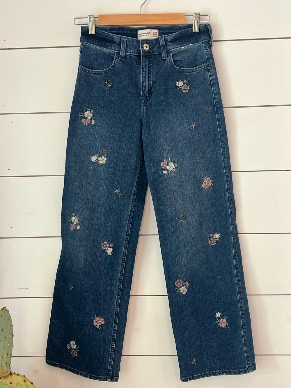 abercrombie kids High Rise Wide Leg Jeans‎ with Floral Embroidery